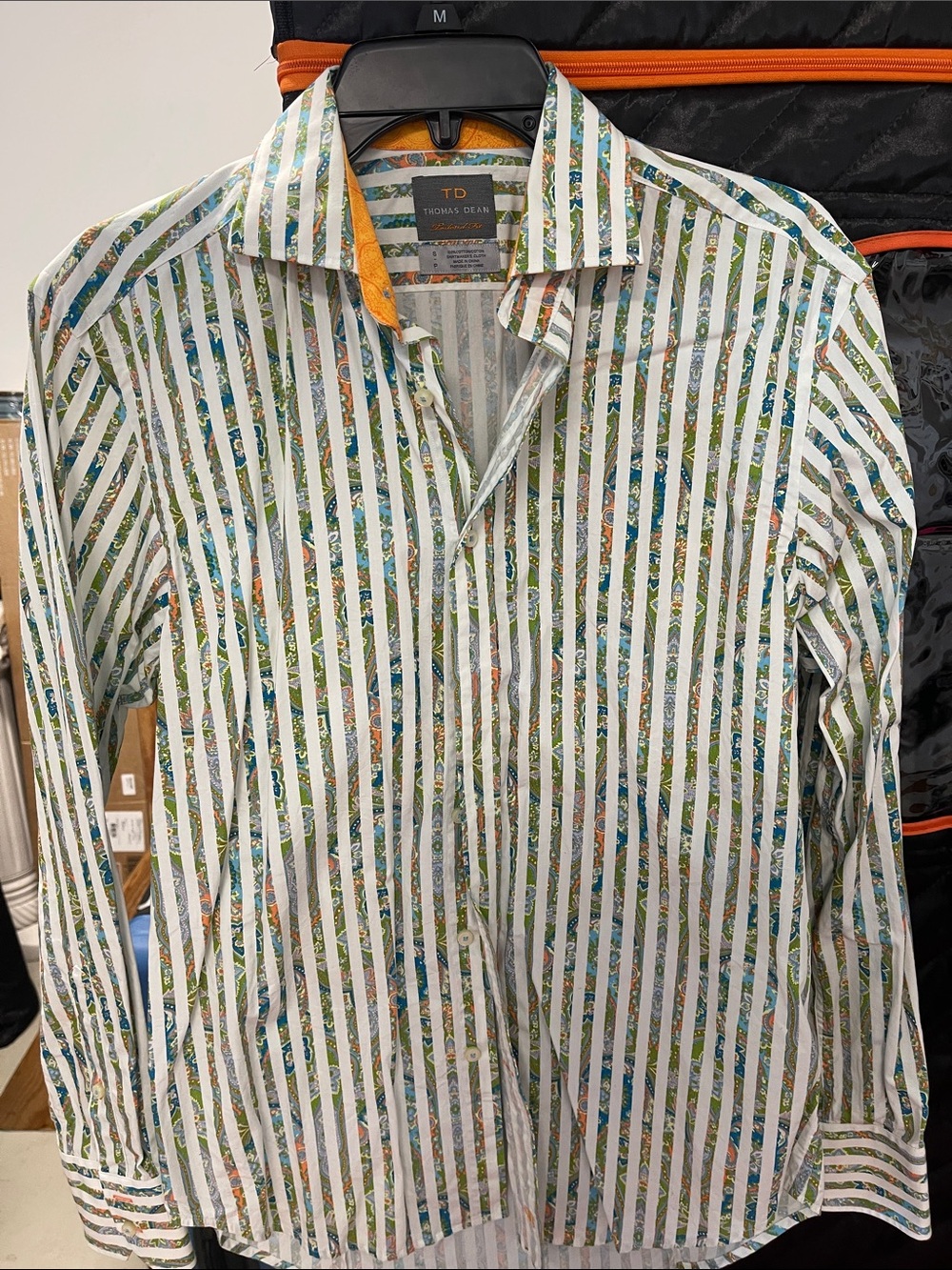 Thomas Dean White Striped Shirt with Green, Blue and Orange Paisley Accents